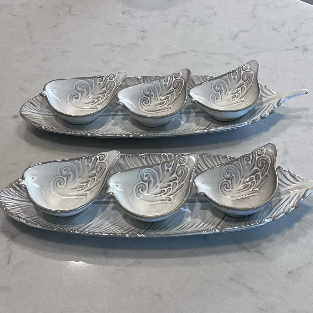 Pier 1 Ivory Cream Embossed Bird Shaped Small Bowls & Feather Dishes (2 Sets)